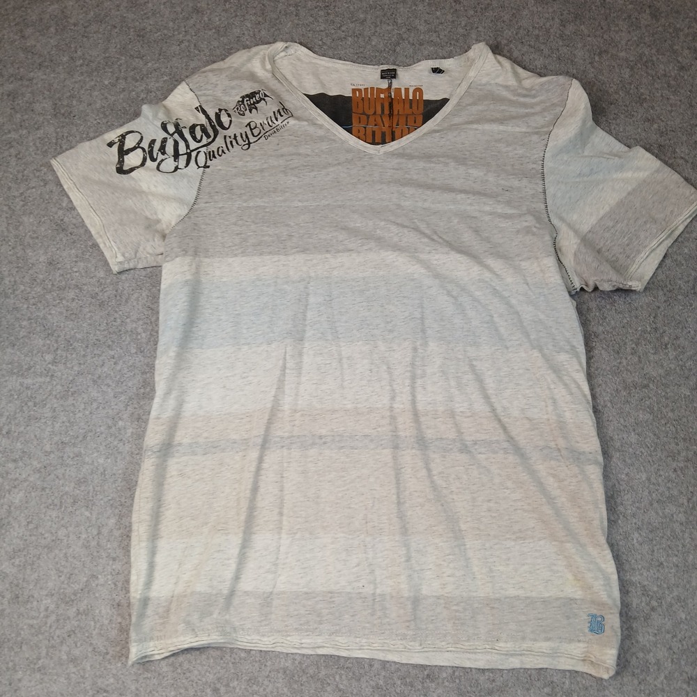 Buffalo David‎ Bitton T-Shirt Mens XL Grey Striped Graphic V-Neck Cotton